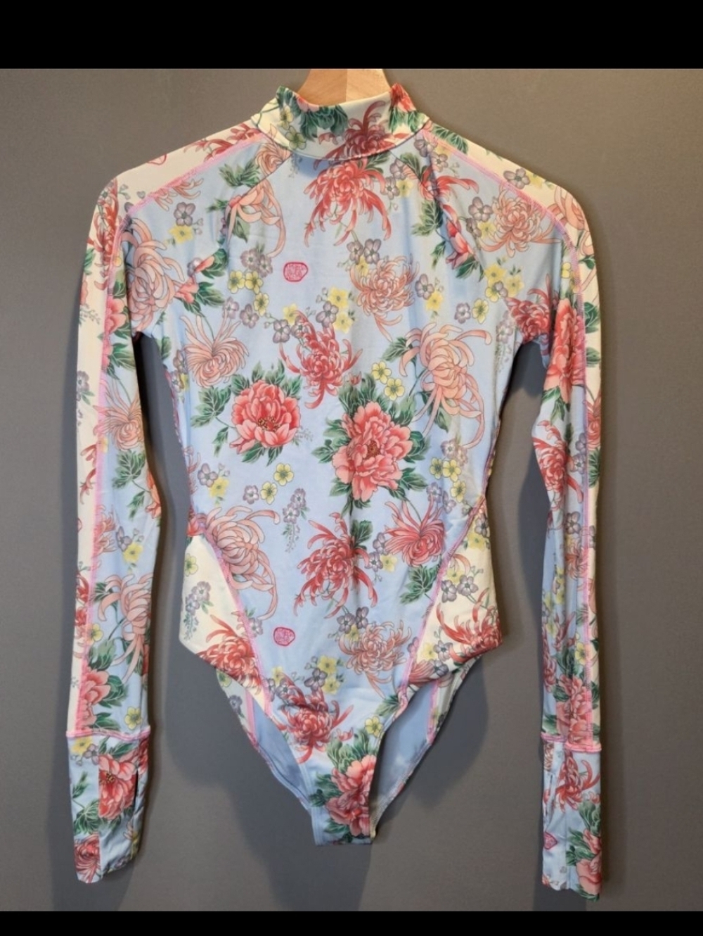 We Are HAH Floral Long Sleeve Bodysuit Swimsuit Open Back Blue Small NEW